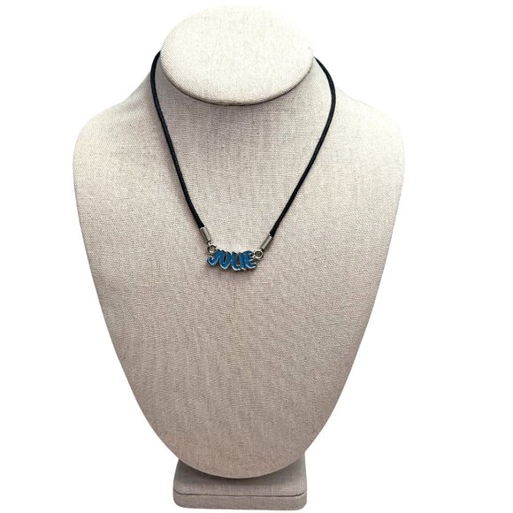 Personalized Julie Necklace Blue Enamel Black Cord Spellout Name - Picture 1 of 5